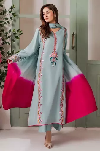 Sky blue color french crepe embroidery graceful kurta set for party looks