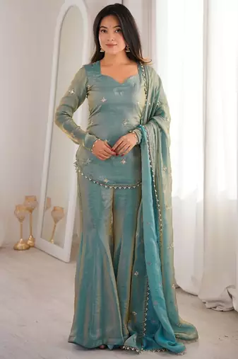 Sky blue color fandy silk fabric designer embroidery work graceful girlie kurta set for party looks
