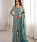 Sky blue color fandy silk fabric designer embroidery work graceful girlie kurta set for party looks