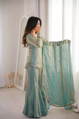 Sky blue color fandy silk embroidery graceful kurta set for party looks