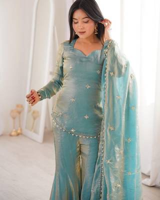 Sky blue color fandy silk embroidery graceful kurta set for party looks 3