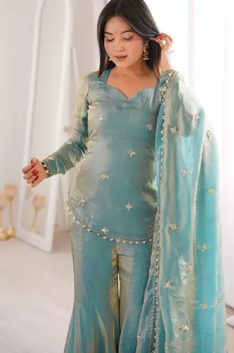 Sky blue color fandy silk embroidery graceful kurta set for party looks