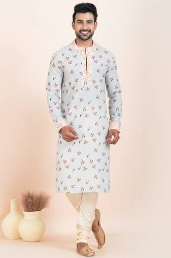 Grey cotton printed premium designer festive wear kurta pyjama set