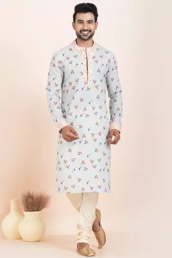 Grey cotton printed premium designer festive wear kurta pyjama set