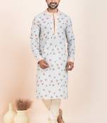 Grey cotton printed premium designer festive wear kurta pyjama set