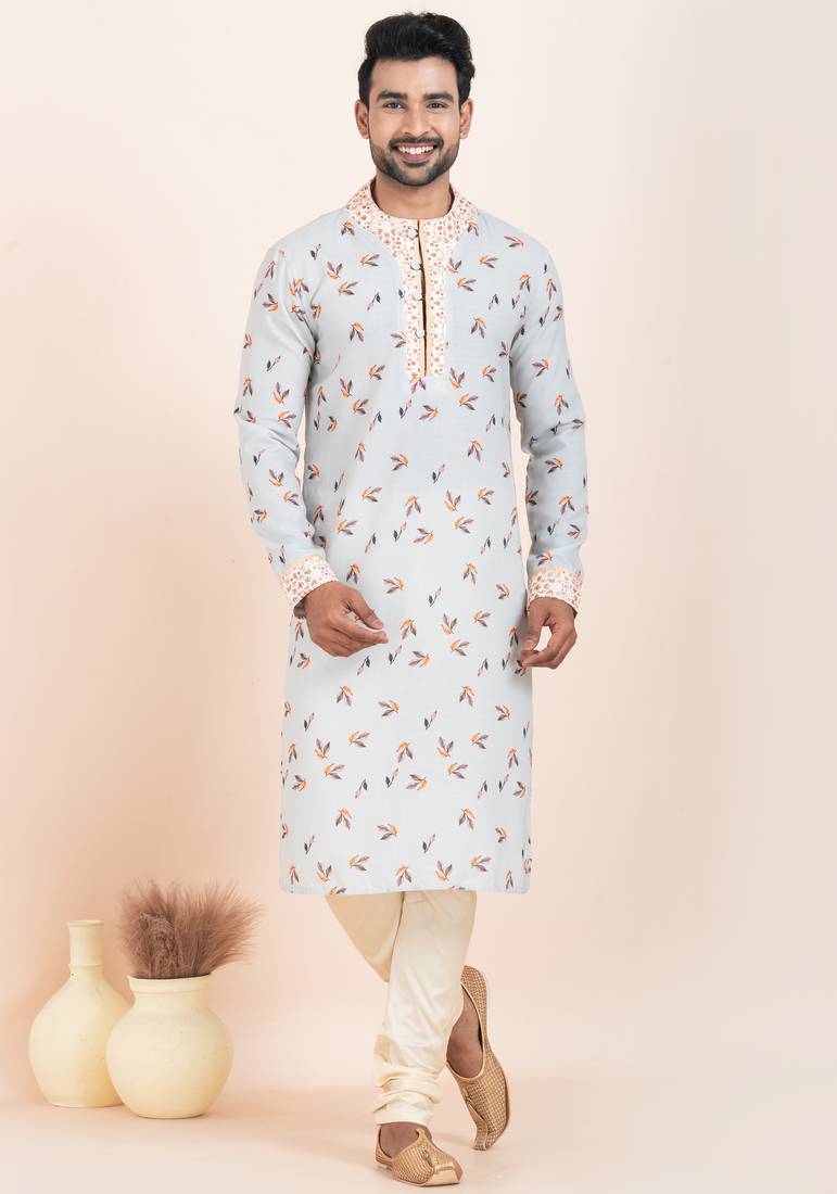 Grey cotton printed premium designer festive wear kurta pyjama set