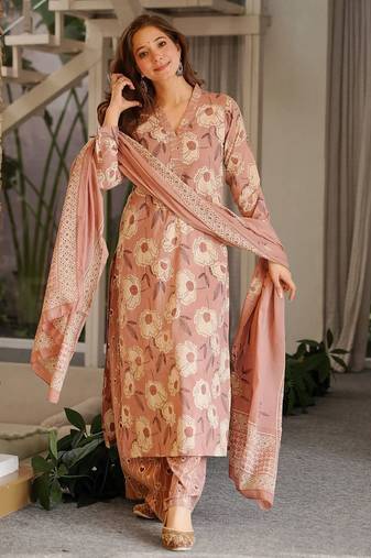 Pink color beautiful cambric cotton fabric smart printed readyade suit