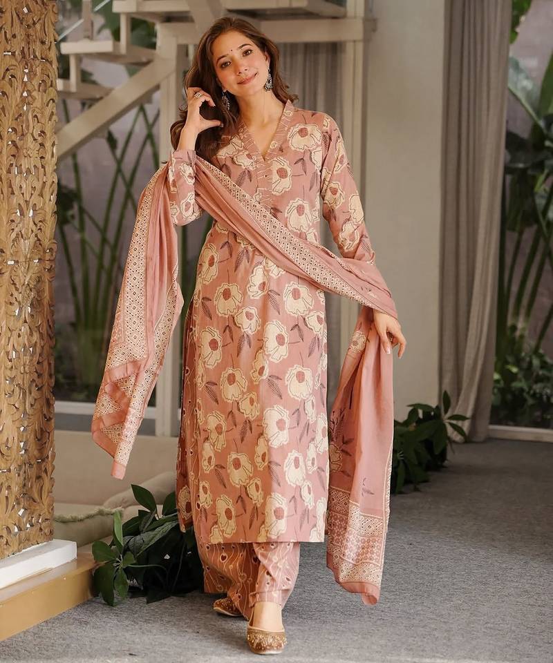 Pink color beautiful cambric cotton fabric smart printed readyade suit