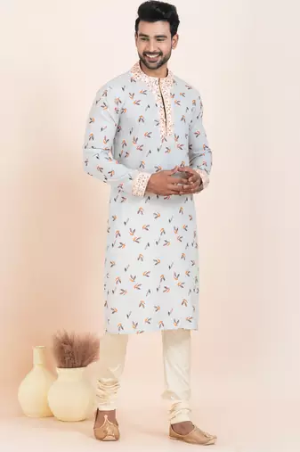 Grey cotton printed premium designer festive wear kurta pyjama set