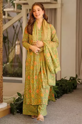 Green color beautiful cambric cotton fabric smart printed readyade suit