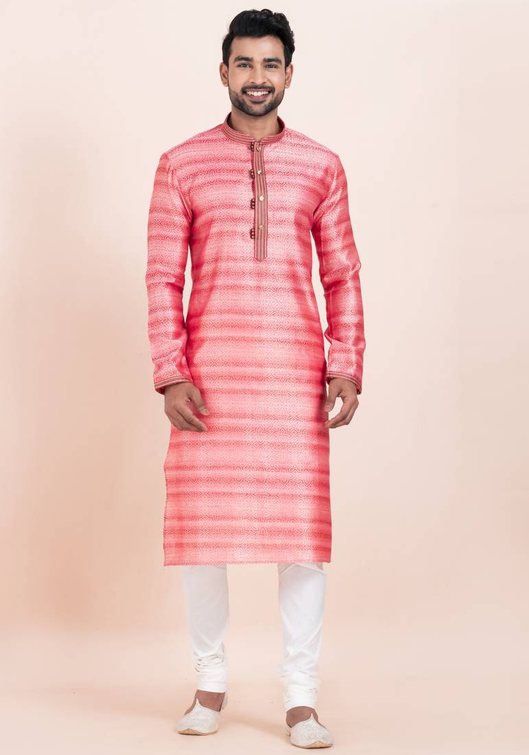 Pink cotton jacquard  premium designer festive wear kurta pyjama set