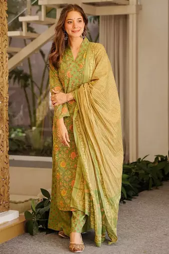 Green color beautiful cambric cotton smart printed readyade suit