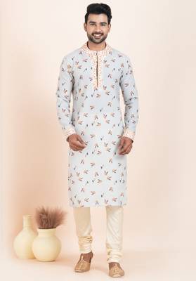 Grey cotton printed premium designer festive wear kurta pyjama set 5
