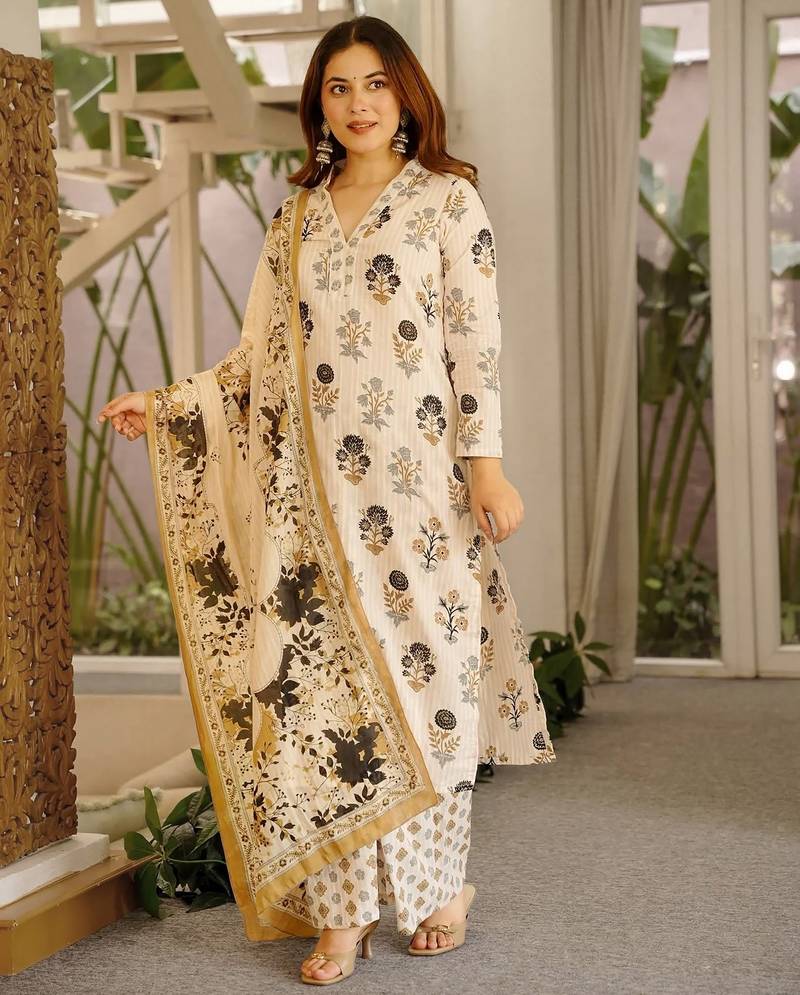 Off white color beautiful cambric cotton fabric smart printed readyade suit