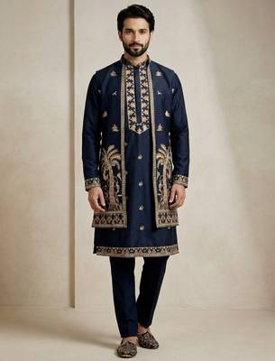 Navy blue doniyar shartin premium designer festive wear kurta pyjama with long jacket set 3