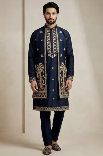 Navy blue doniyar shartin premium designer festive wear kurta pyjama with long jacket set