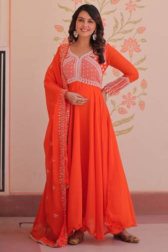 Orange color heavy and ethnic coading embroidered with beads work wedding special gown with dupattta