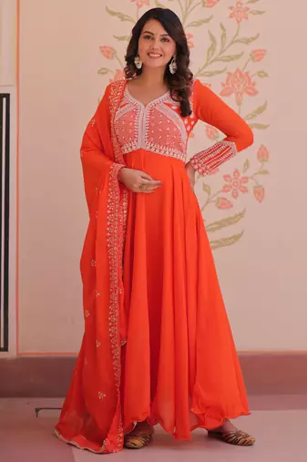 Orange color heavy and ethnic coading embroidered with beads work wedding special gown with dupattta