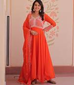 Orange color heavy and ethnic coading embroidered with beads work wedding special gown with dupattta