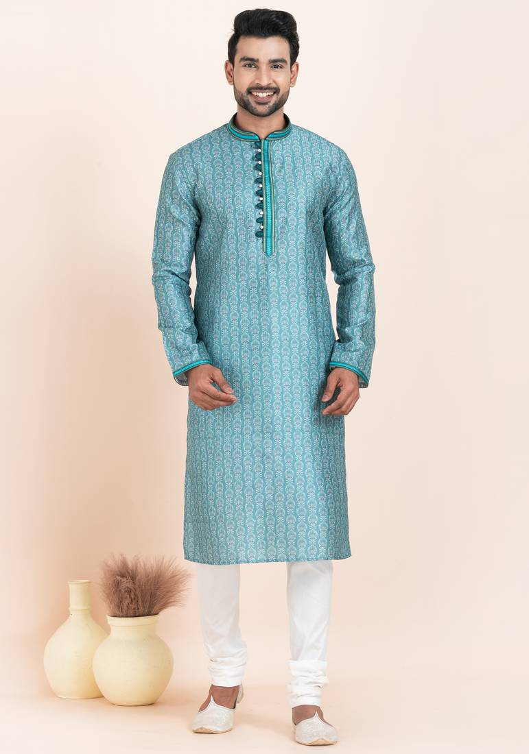 Teal coton with croset work premium designer festive wear kurta pyjama set
