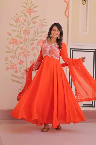 Orange color heavy and coading embroidered with beads wedding special gown with dupattta