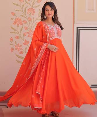 Orange color heavy and coading embroidered with beads wedding special gown with dupattta 5