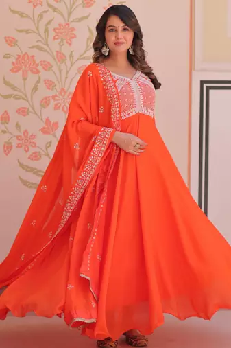 Orange color heavy and coading embroidered with beads wedding special gown with dupattta