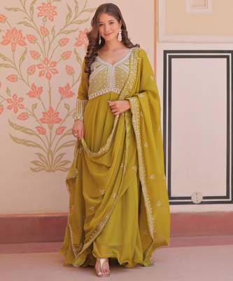 Green color heavy and coading embroidered with beads wedding special gown with dupattta 1