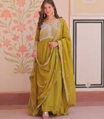 Green color heavy and ethnic coading embroidered with beads work wedding special gown with dupattta