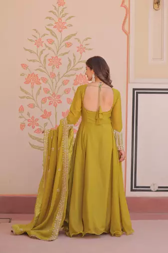 Green color heavy and coading embroidered with beads wedding special gown with dupattta
