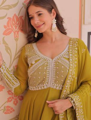 Green color heavy and coading embroidered with beads wedding special gown with dupattta 3
