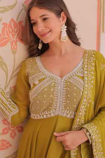 Green color heavy and coading embroidered with beads wedding special gown with dupattta