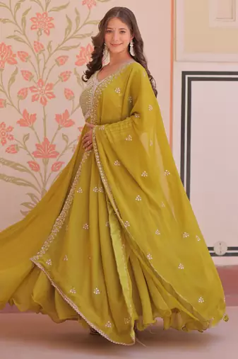 Green color heavy and coading embroidered with beads wedding special gown with dupattta
