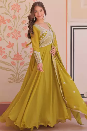 Green color heavy and coading embroidered with beads wedding special gown with dupattta