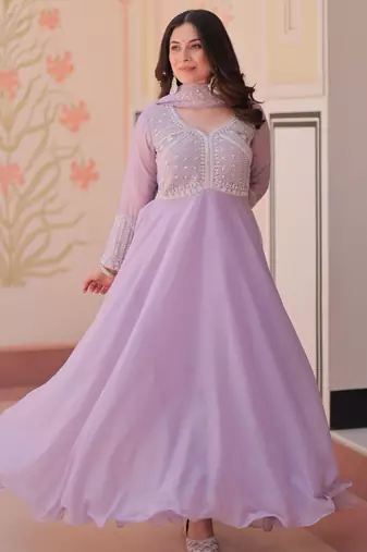 Lavender color heavy and ethnic coading embroidered with beads work wedding special gown with dupattta