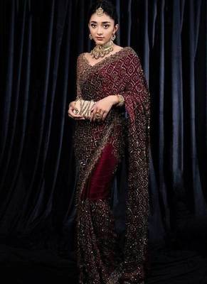 Wine dori zari and sequins work kasturi silk blend georgette saree 2