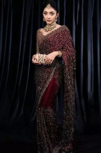 Wine dori zari and sequins work kasturi silk blend georgette saree