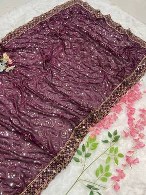 Wine dori zari and sequins work kasturi silk blend georgette saree 3