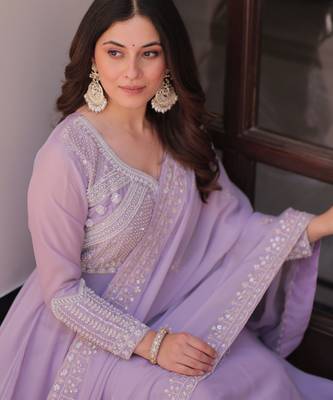 Lavender color heavy and coading embroidered with beads wedding special gown with dupattta 3