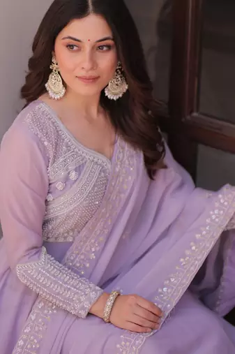 Lavender color heavy and coading embroidered with beads wedding special gown with dupattta