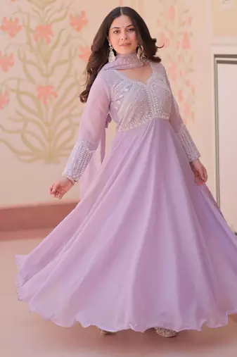 Lavender color heavy and coading embroidered with beads wedding special gown with dupattta