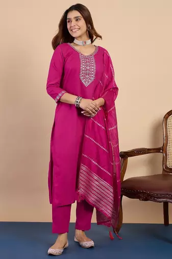 Pink color sophisticated cotton blend fabric embroidered fancy kurta set