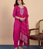 Pink color sophisticated cotton blend fabric embroidered fancy kurta set