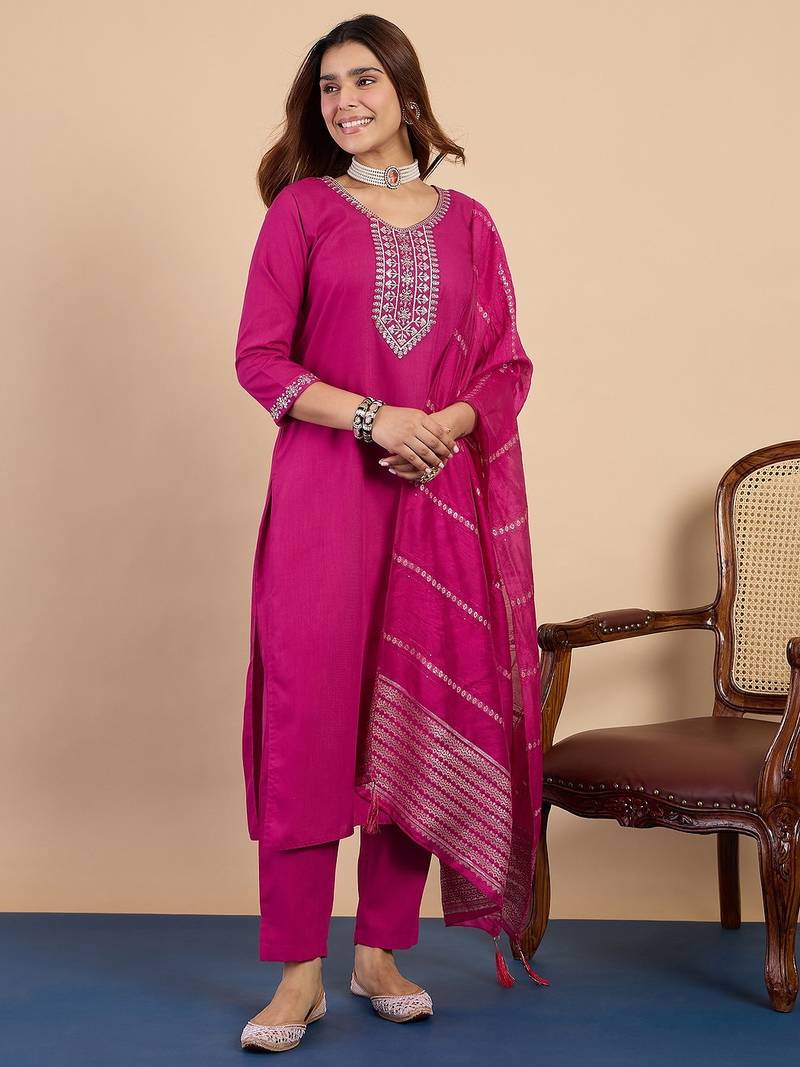 Pink color sophisticated cotton blend fabric embroidered fancy kurta set