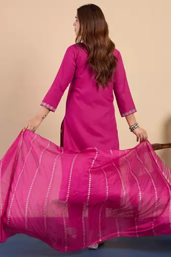 Pink color sophisticated cotton blend embroidered fancy kurta set