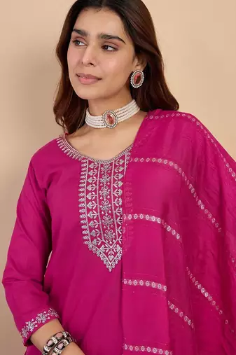 Pink color sophisticated cotton blend embroidered fancy kurta set