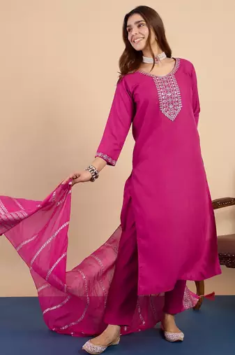 Pink color sophisticated cotton blend embroidered fancy kurta set