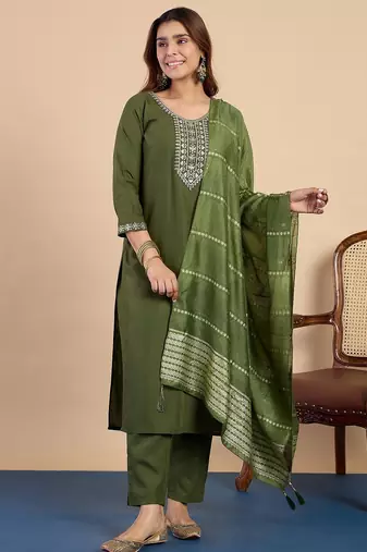 Mahendi color sophisticated cotton blend fabric embroidered fancy kurta set