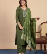 Mahendi color sophisticated cotton blend fabric embroidered fancy kurta set