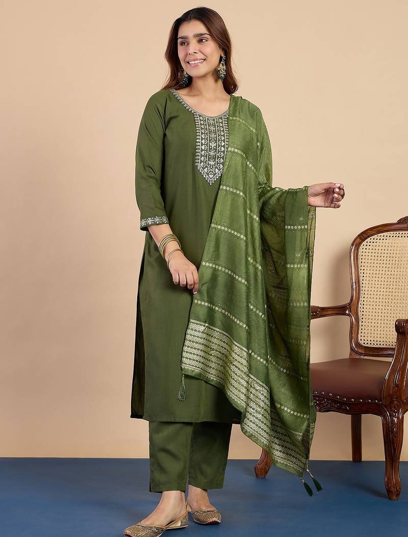 Mahendi color sophisticated cotton blend fabric embroidered fancy kurta set